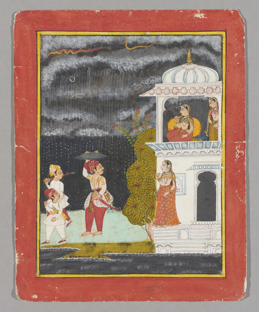 Lovers parting during a rainy night -- symbolizing a musical mode (Lalita Ragini), circa 1700. India; Rajasthan state. Opaque watercolors on paper. Courtesy of Asian Art Museum of San Francisco, Gift of Dr. Narinder S. and Satinder Kapany, 2004.76. Photograph © Asian Art Museum of San Francisco.